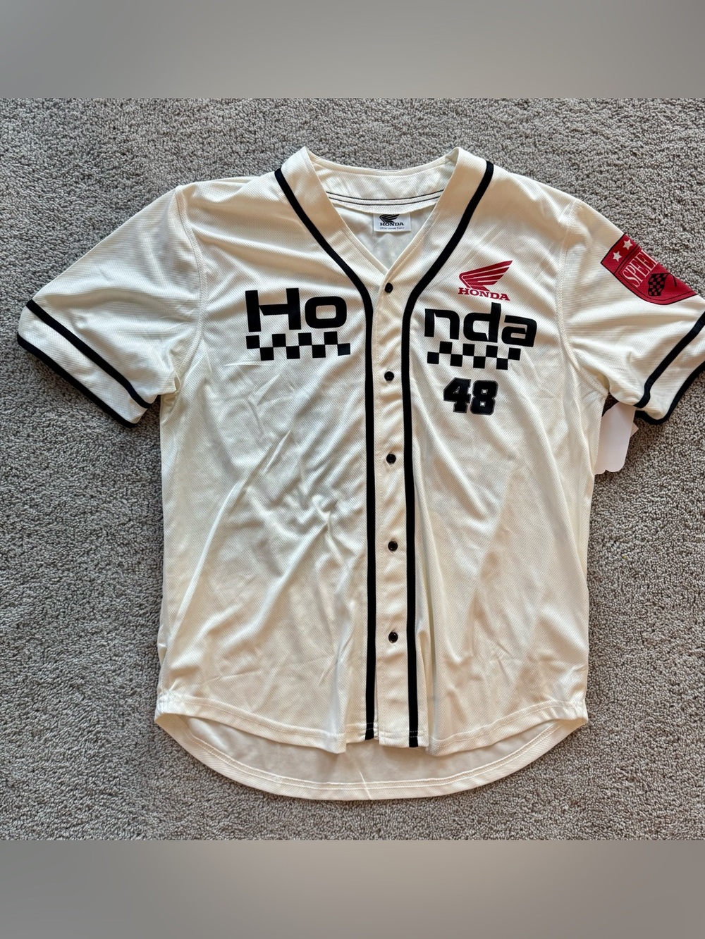 Honda Motor Racing #48 Off-white Button Up Mens LG Jersey. Speedway Patch. NWT
